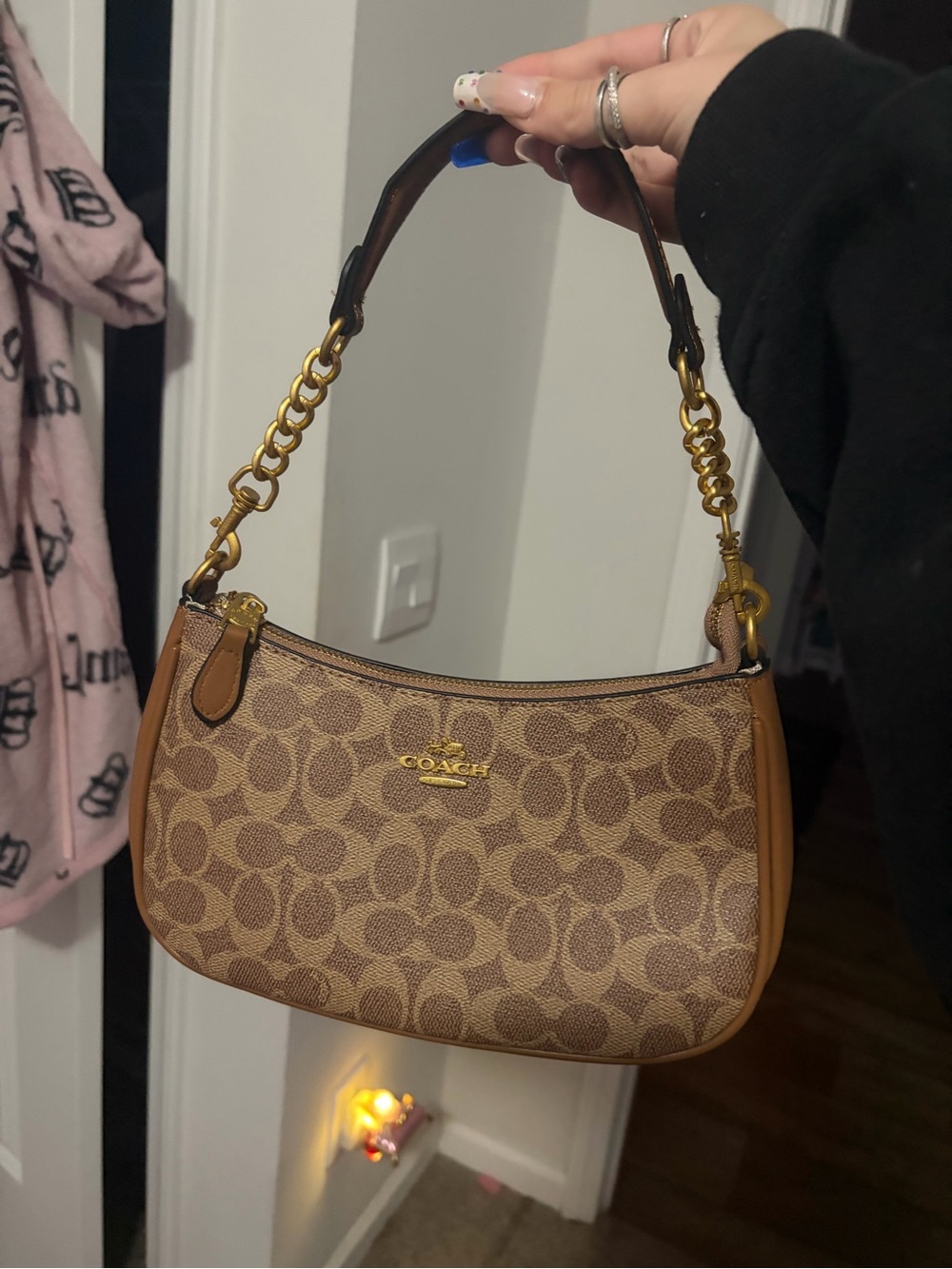 Coach Brown Signature Monogram Shoulder Bag with Gold Hardware